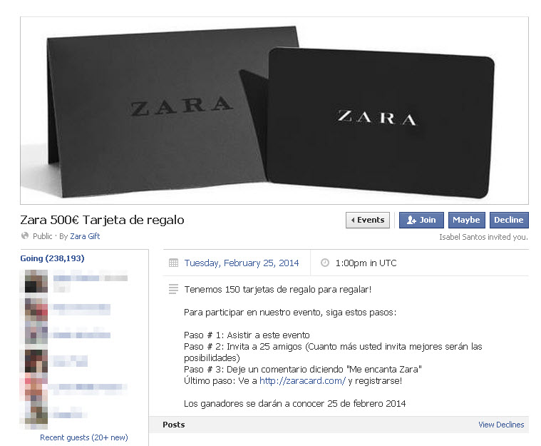 Zara, new scam on Facebook