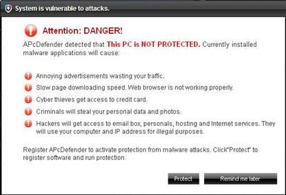 Mensaje de alerta mostrado por APcDefender