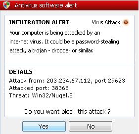 Alert message displayed by AVSecuritySuite