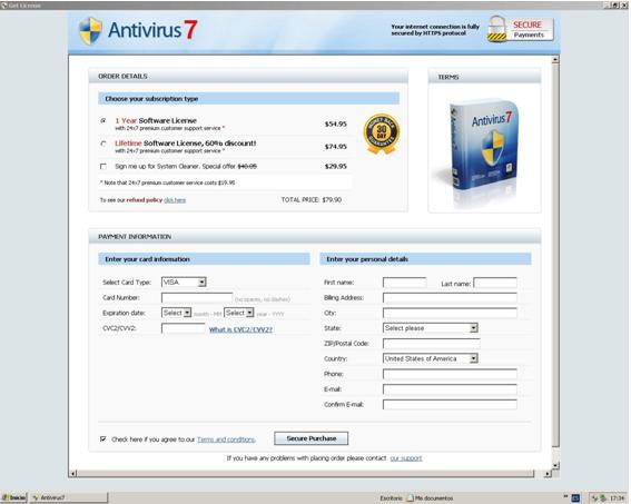 Página de compra de Antivirus7