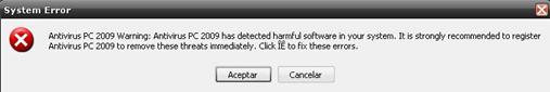 Alert message displayed by AntivirusPC2009