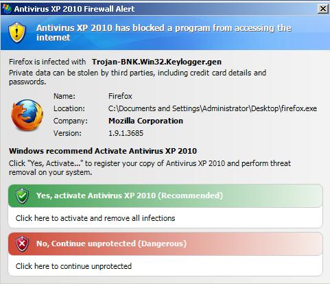 Message displayed by AntivirusXP2010