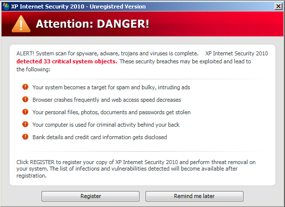 Alert message displayed by AntivirusXP2010