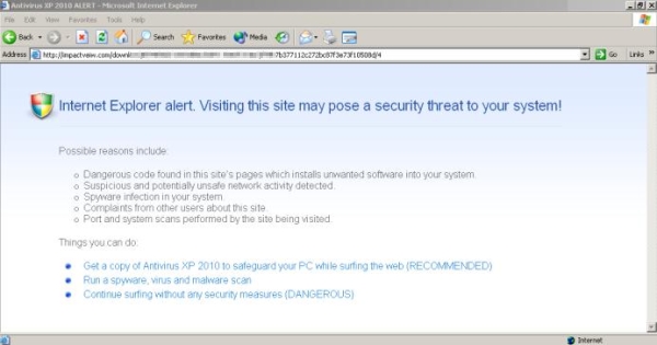 Internet Explorer website displayed by AntivirusXP2010