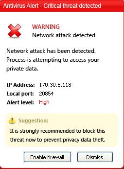Mensaje de alerta mostrado por DefenseCenter