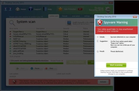 Análisis del sistema y mensaje de infección mostrado por DesktopSecurity2010