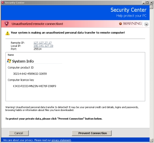 Mensaje que simula ser del Centro de Seguridad de Windows