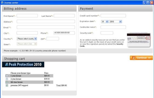 Página de compra de PeakProtection2010