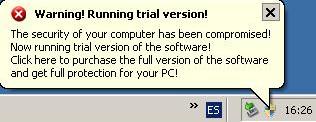 Warning message displayed by RedCrossAntivirus