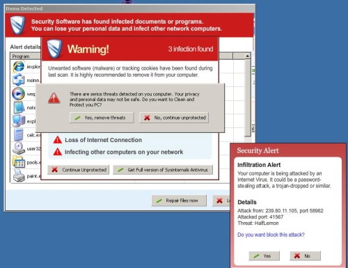 Alert messages displayed by SysinternalsAntivirus