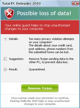 Alert message displayed by TotalPCDefender2010