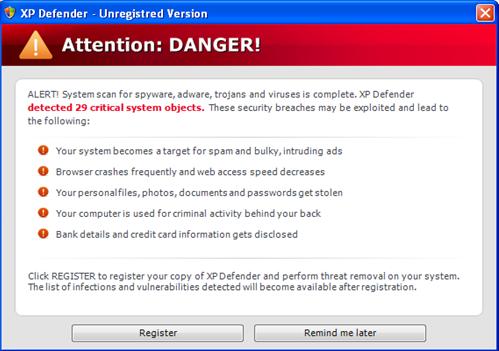 Alert message displayed by XP Defender
