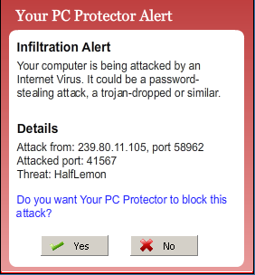Mensaje de alerta mostrado por YourPCProtector