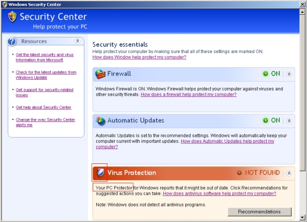 Mensaje que simula ser del Centro de Seguridad de Windows