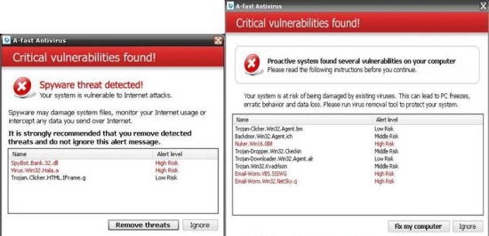 Alert messages displayed by A-FastAntivirus
