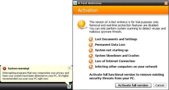 Other warning messages displayed by A-FastAntivirus