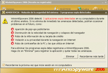 Result of the analysis made by WinAntispyware2006