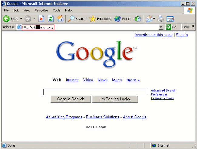 Website displayed by Manclick.A imitating Google's