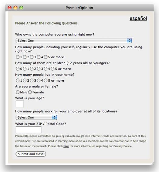 Survey displayed by OpinionSpy