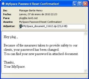 Mensaje de MySpace en el que se distribuye Sinowal.WTF