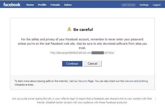 Warning message displayed by Facebook