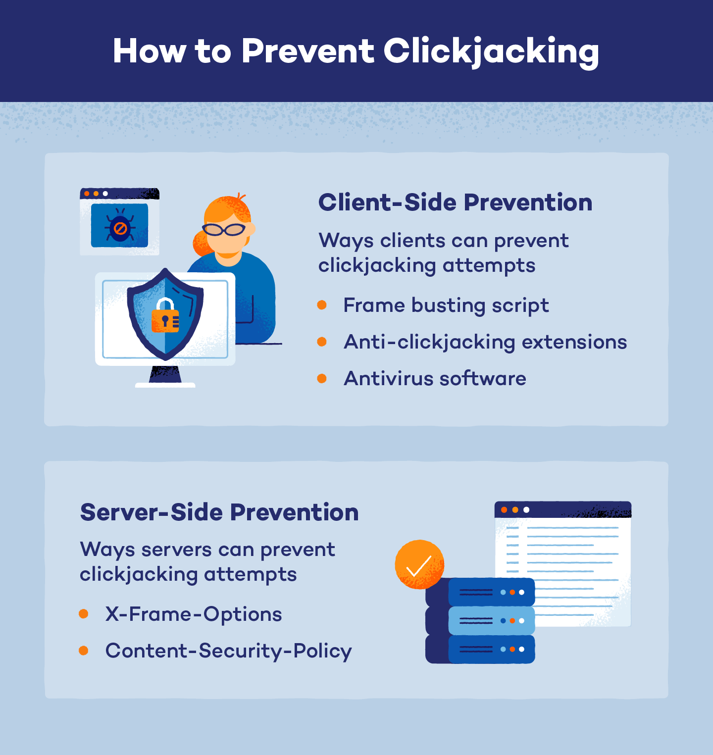 There are client- and server-side methods to help prevent clickjacking.