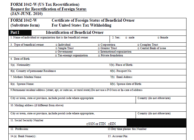 Fake IRS Tax Form (1042-W) Fake IRS Tax Form (1042-W)