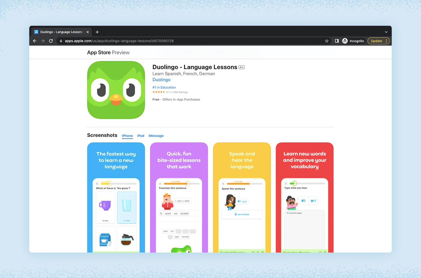 Screenshot of Duolingo app