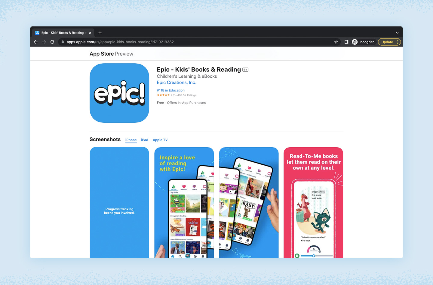 Screenshot of Epic app