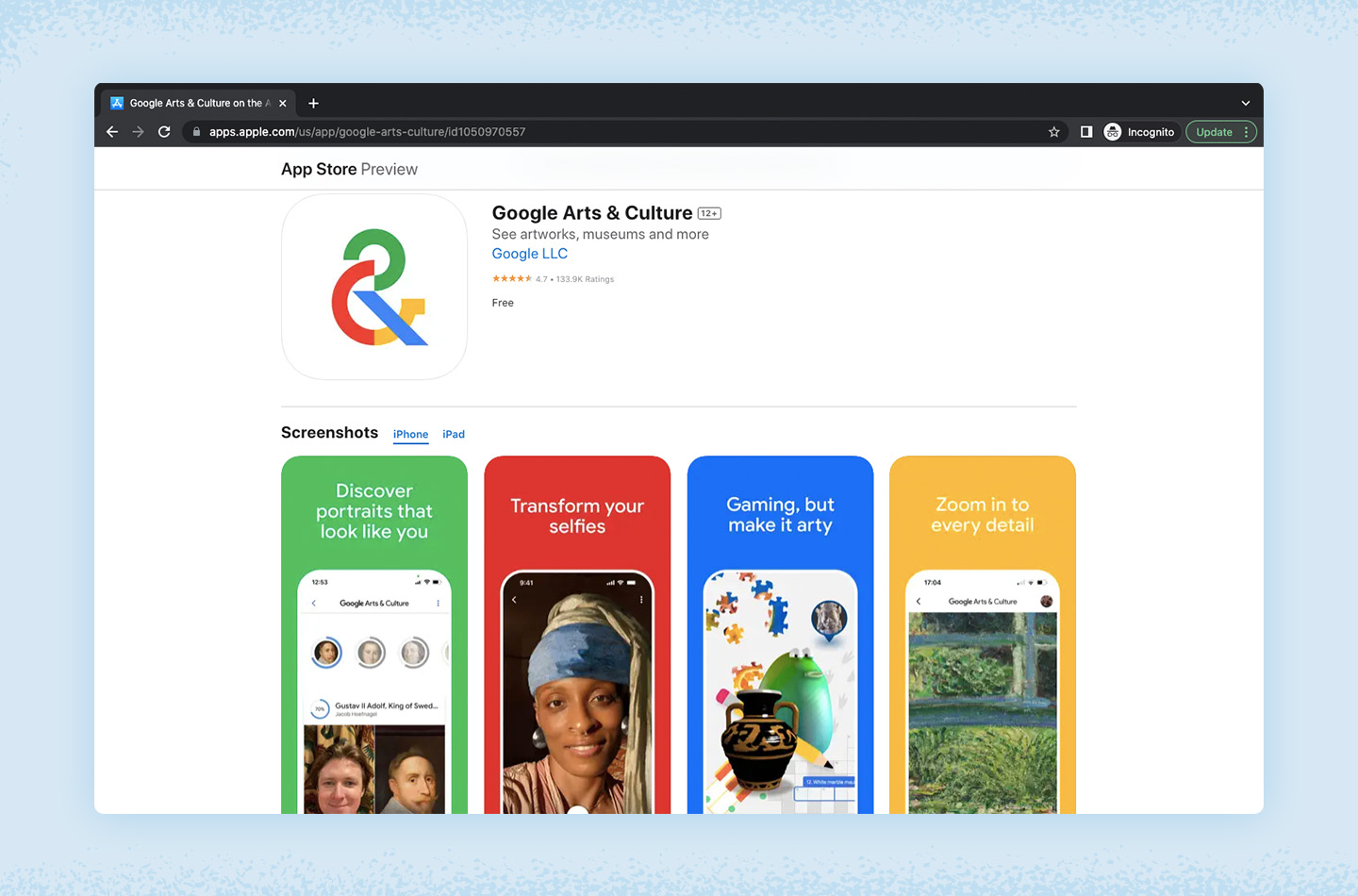 Screenshot of Google Arts and Culture app