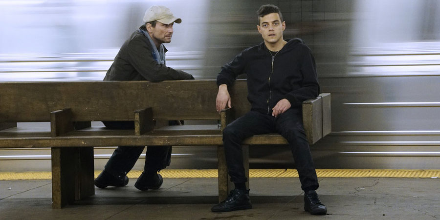 MR. ROBOT -- "hellofriend.mov" Episode 101 -- Pictured: (l-r) Christian Slater as Mr. Robot, Rami Malek as Elliot -- (Photo by: Peter Kramer/USA Network)