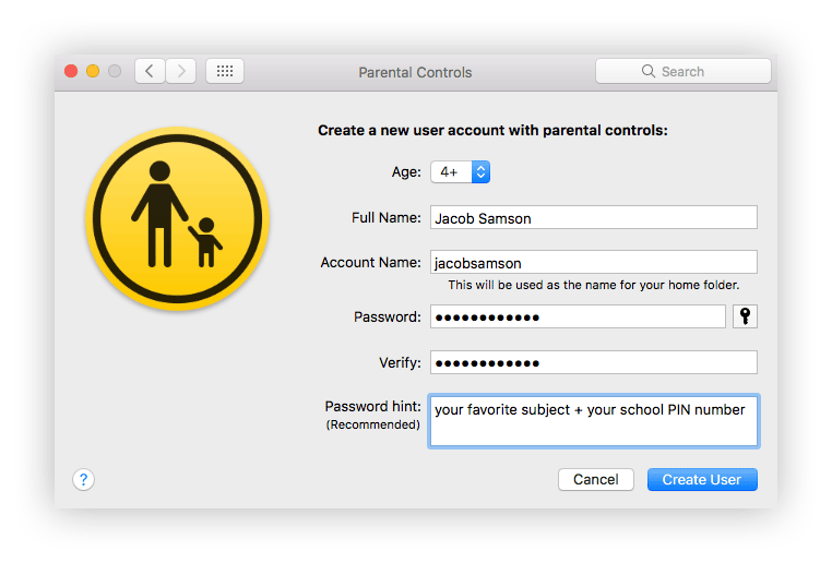 Screenshot of the apple parental control account creation screen.