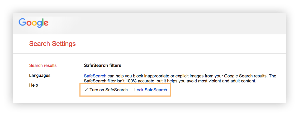 Screenshot showcasing the Google search safe search box.