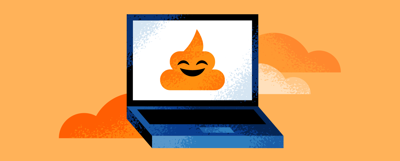 graphic of computer with smiling poop emoji