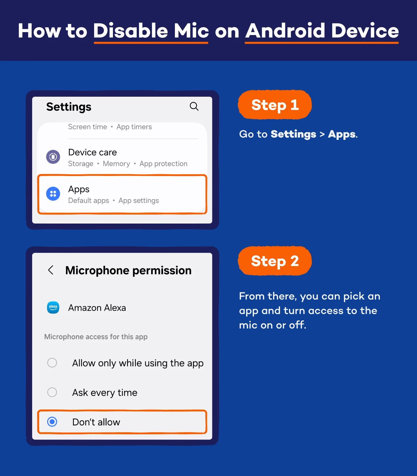 how-to graphic of screenshots showing how to disable mic access on an Android