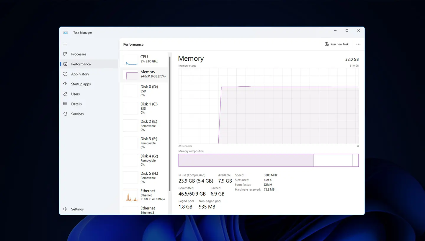 Screenshot of Task Manager Memory on PC