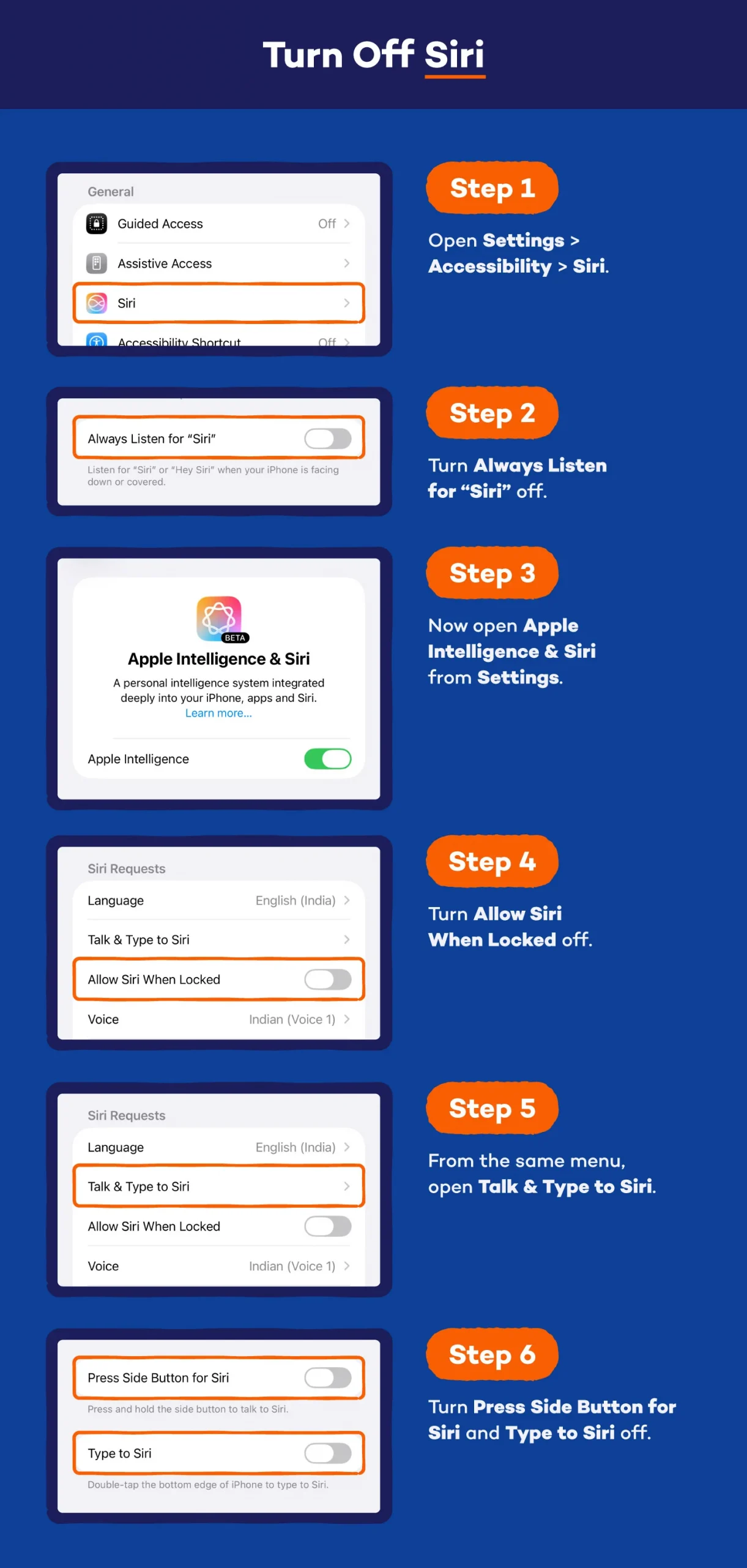 how-to graphic of iPhone screenshots showing how/where to turn off Siri