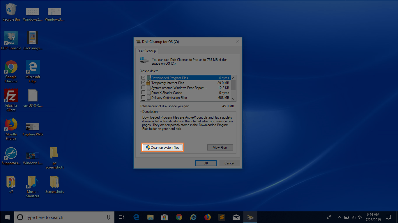 screenshot of deleting temporary files