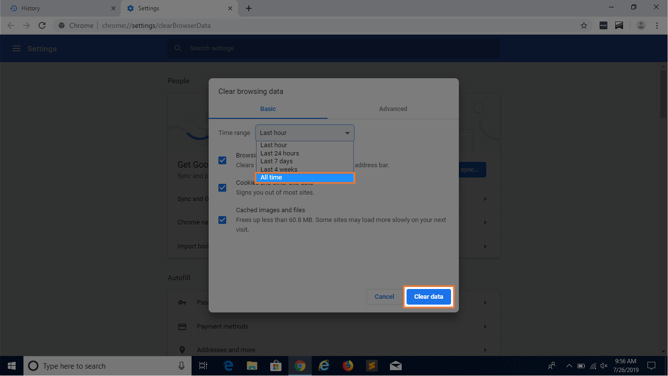 screenshot of clearing cache