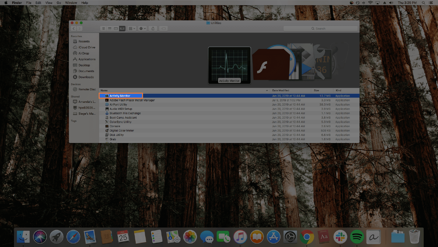 screenshot of finding the activity monitor