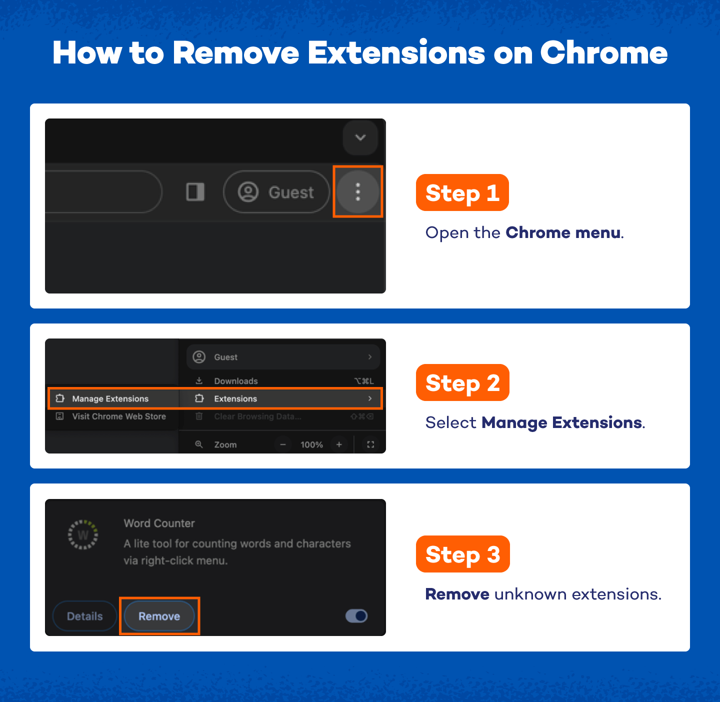 steps showing hot to remove extension on Chrome