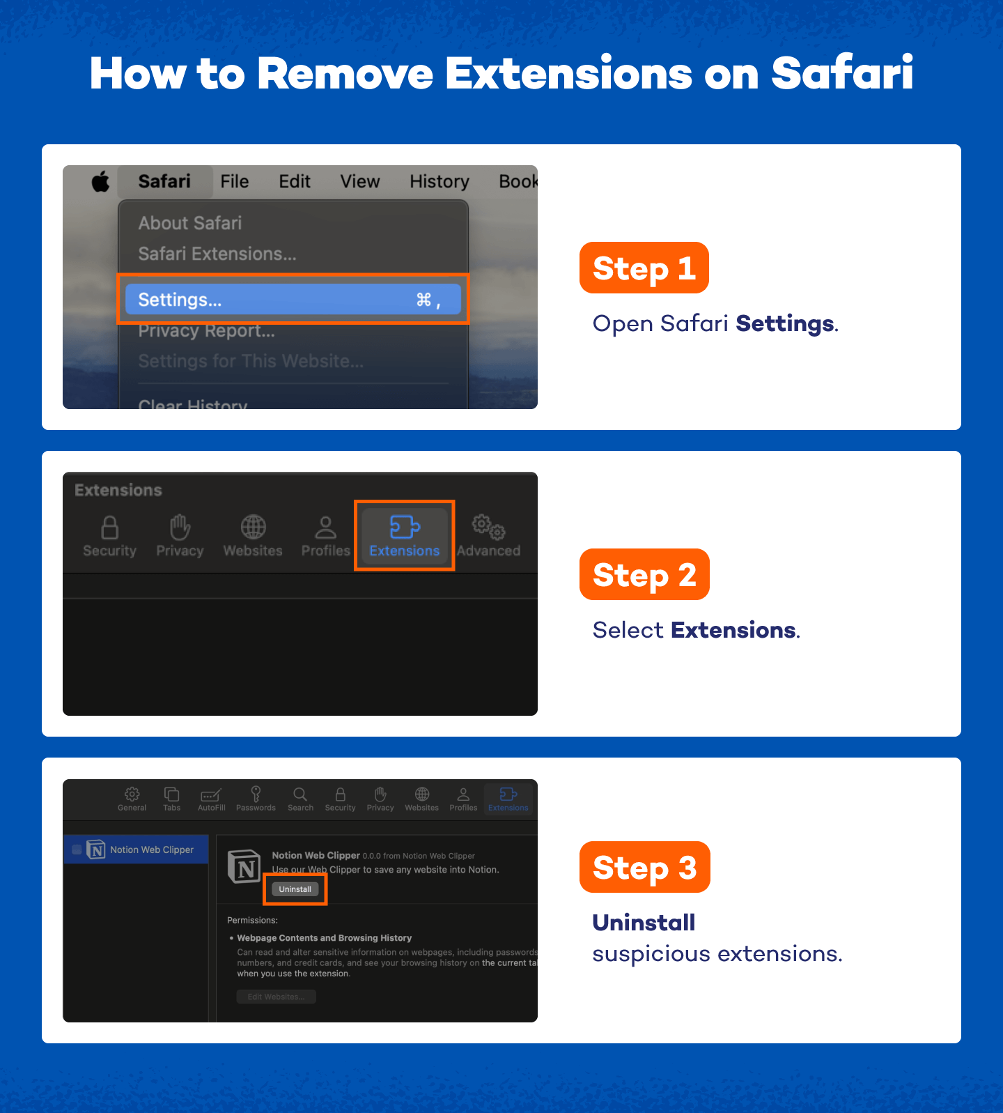 steps showing how to remove extensions on Safari