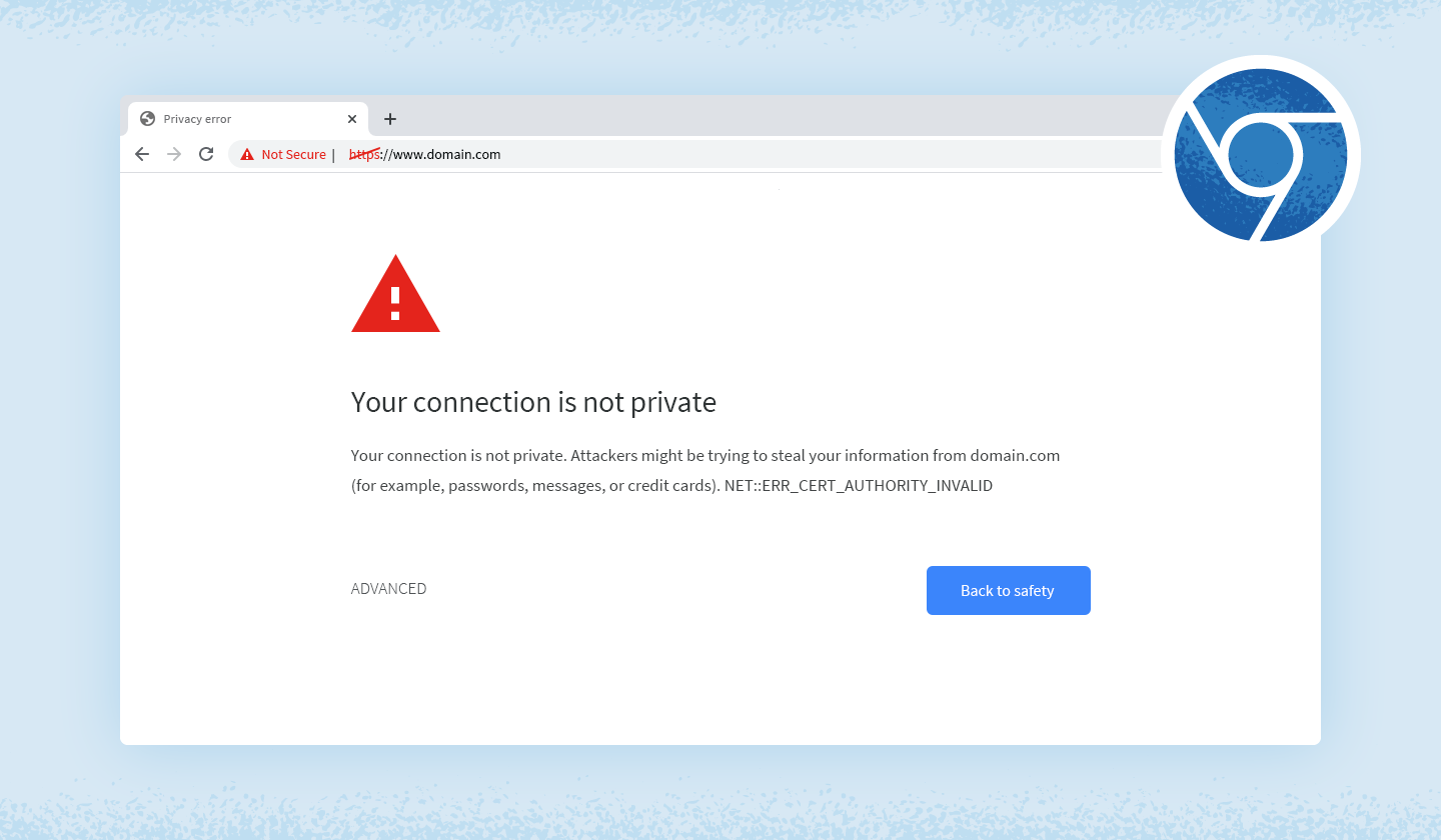 Screenshot of what "your connection is not private" error looks like on Chrome while in incognito mode.