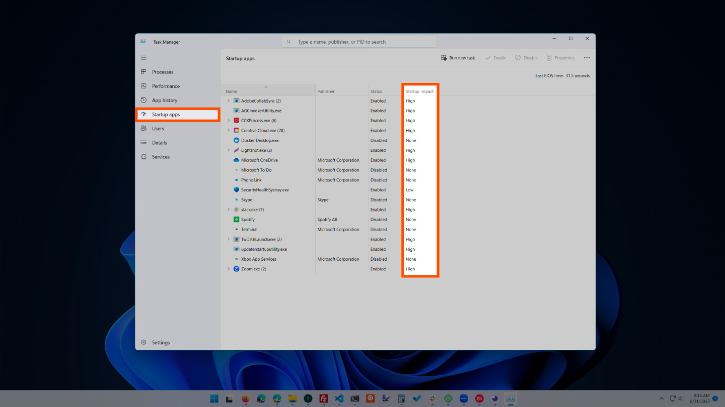 Screenshot showing how to disable startup programs on Windows 11.