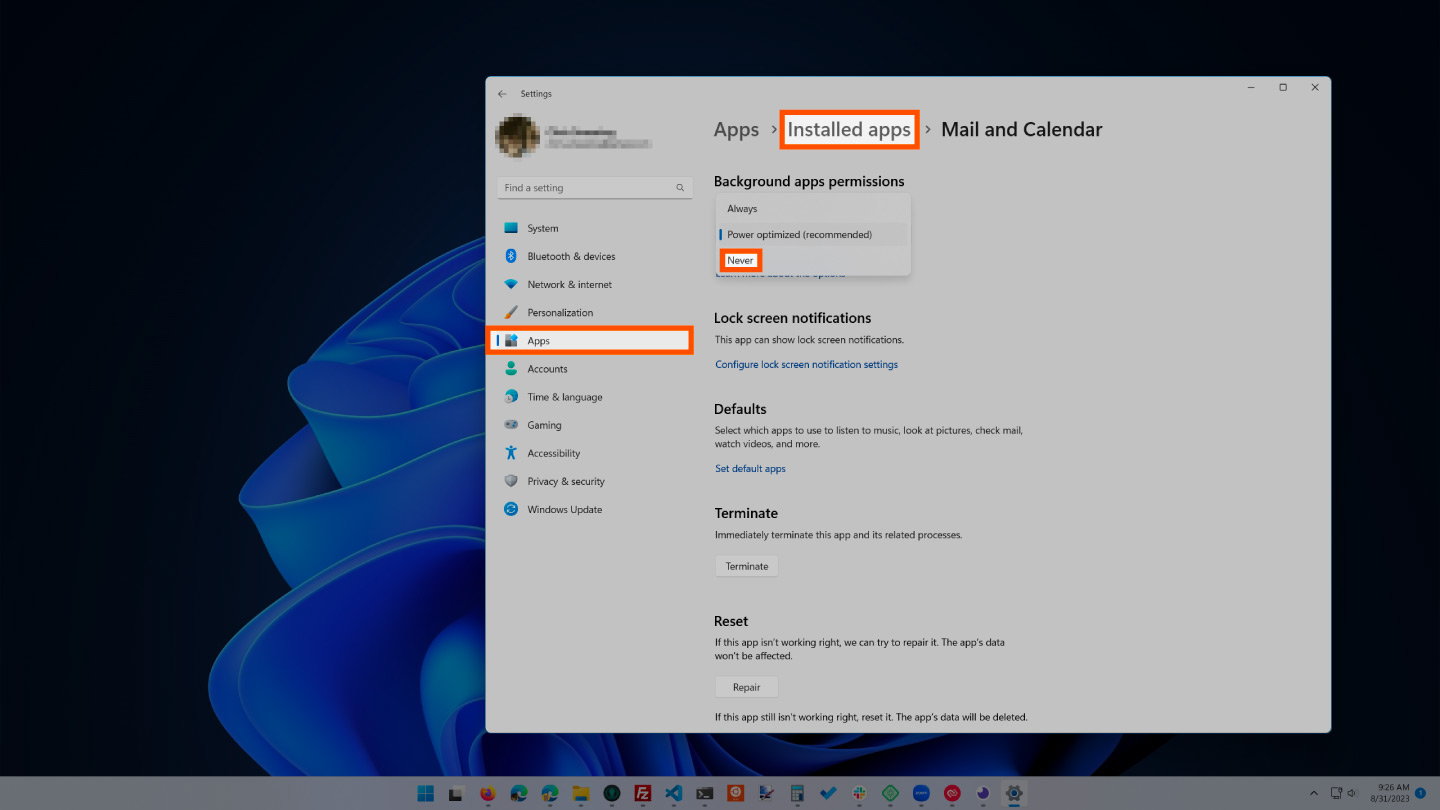Screenshot showing how to stop running background apps in Windows 11.