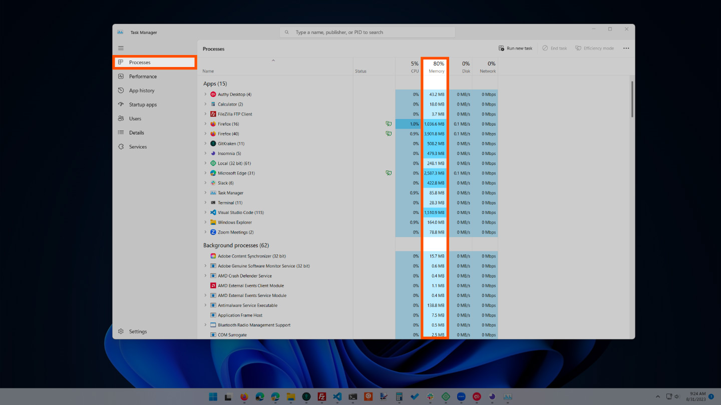 Screenshot showing how to track computer memory on Windows 11.