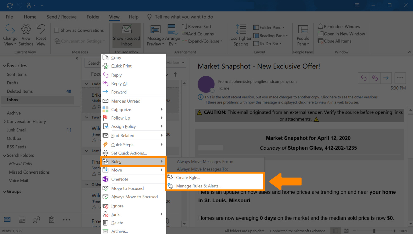 screenshot of how to mark something as spam in outlook