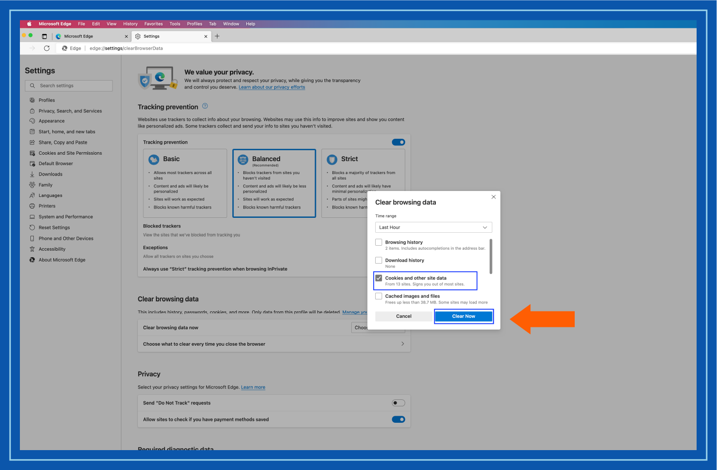 Image showing step 3 of clearing cookies on Microsoft Edge