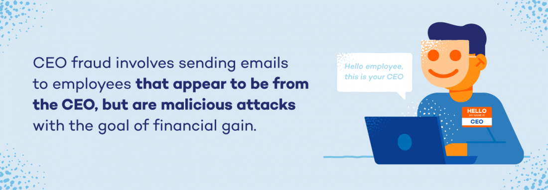 CEO fraud involves sending emails to employees that appear to be from the CEO, but are malicious attacks with the goal of financial gain.