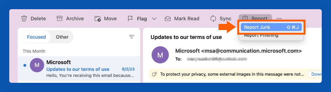 screenshot of how to report spam in Outlook